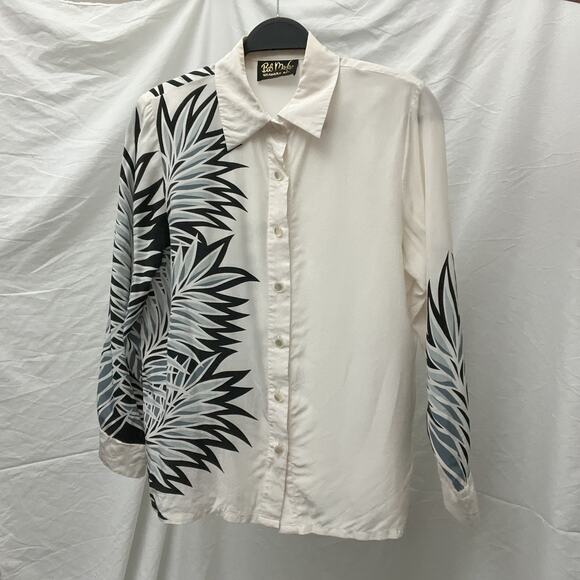 vintage 90s bob mackie white silk floral print collared button shirt blouse top - Picture 6 of 12
